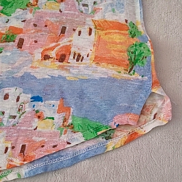 Cynthia Rowley Linen Scenic Print Cap Sleeve Top Large Coastal Resort Summer - Picture 2 of 11